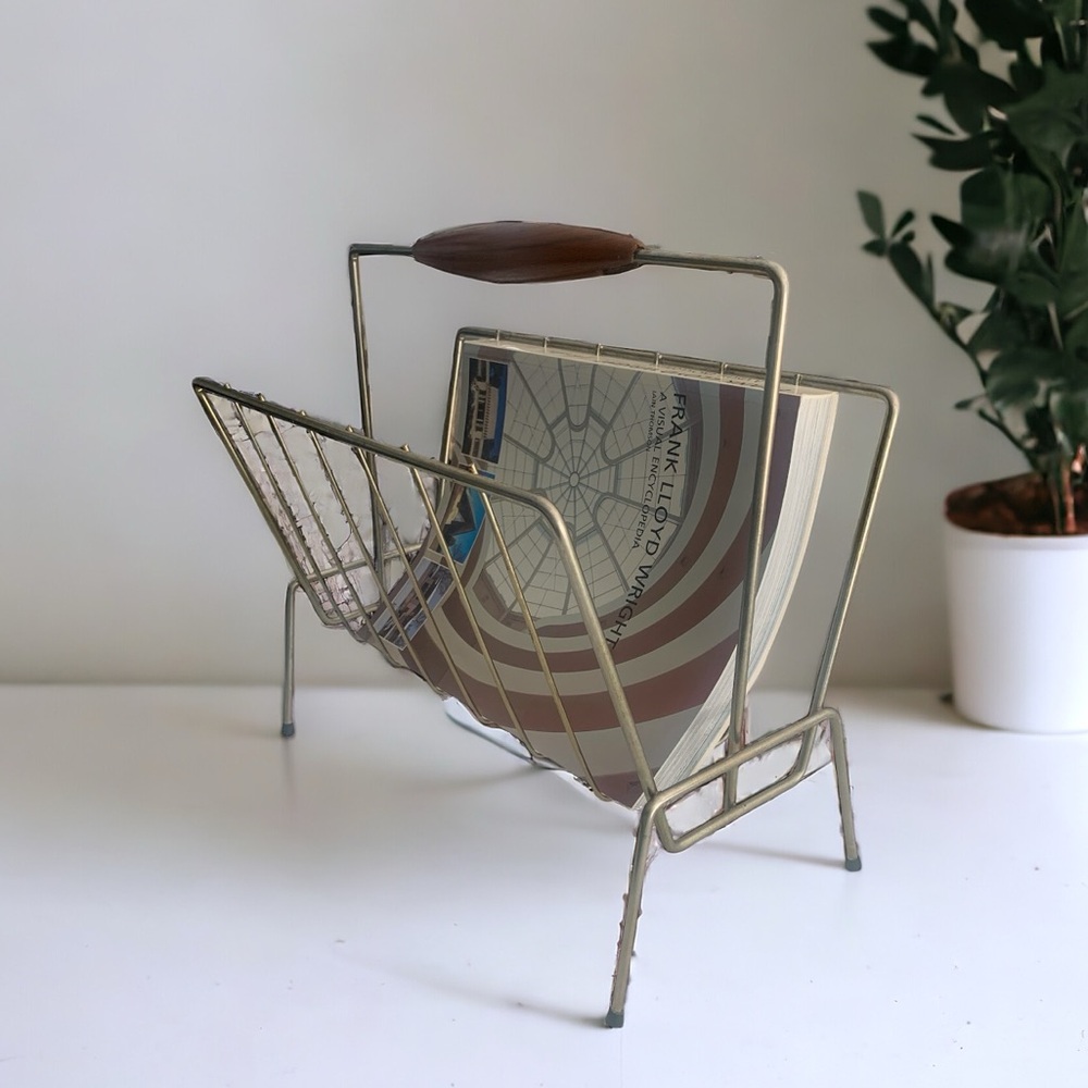 Vintage MCM Metal & Walnut Free Standing Magazine Rack